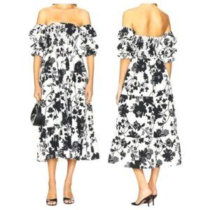 MISA Los Angeles Margarita Dress Black White Floral Smocked Puff Sleeve Midi M